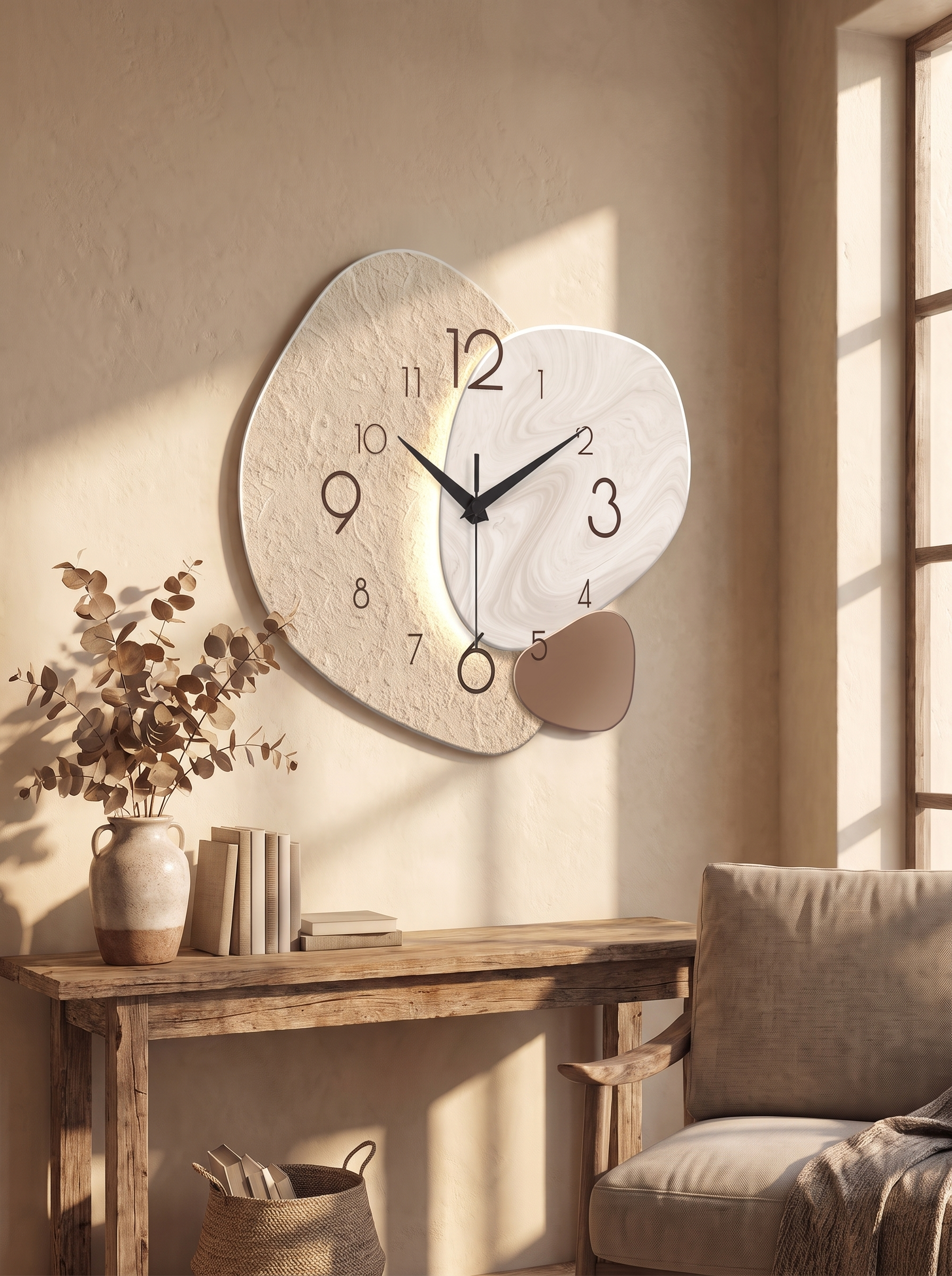 Tempostone Silent Wall Clock Natural Texture, Modern Lines
