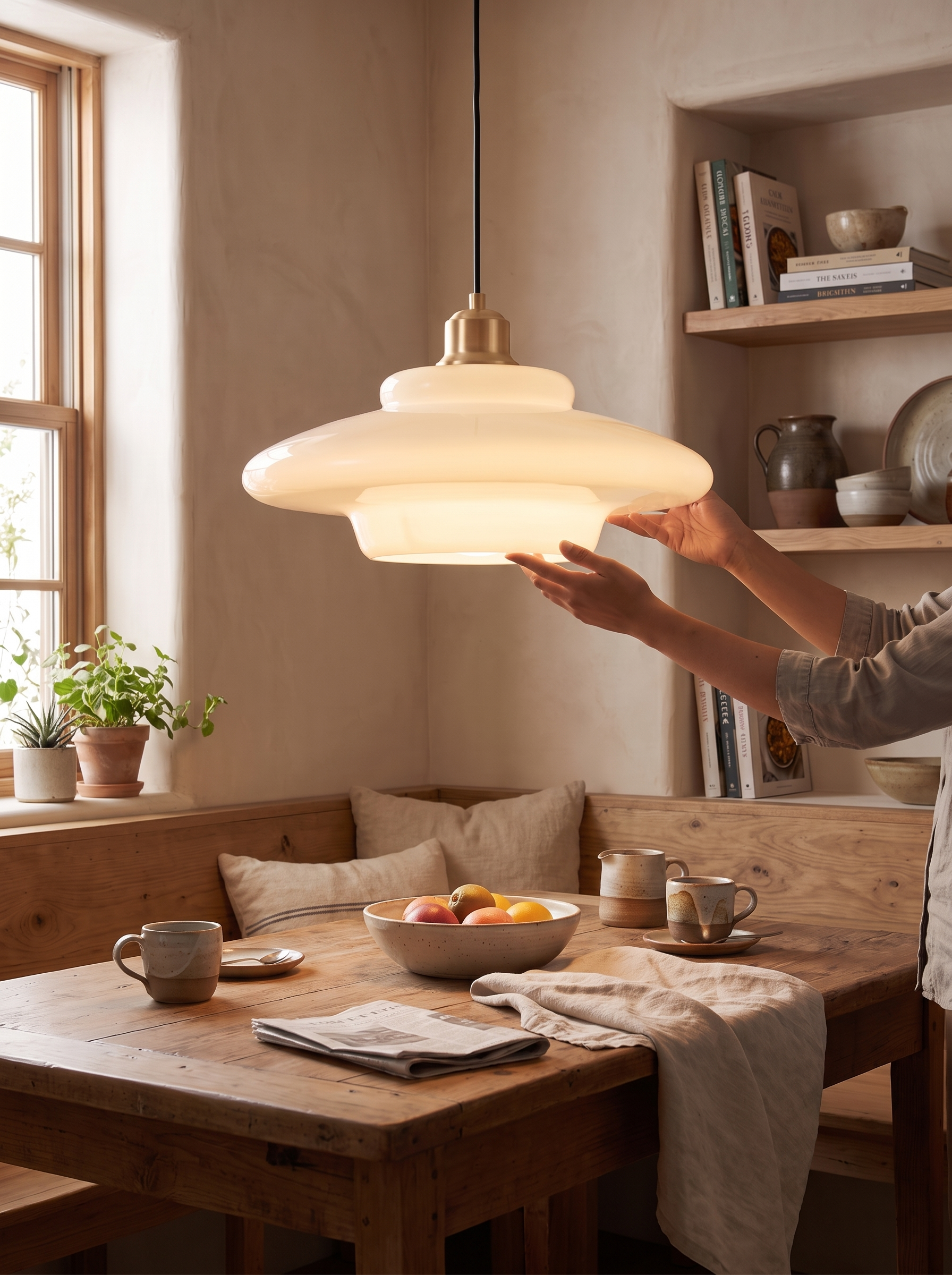 White Glass Pendant Light Hand Blown, Brass Finished