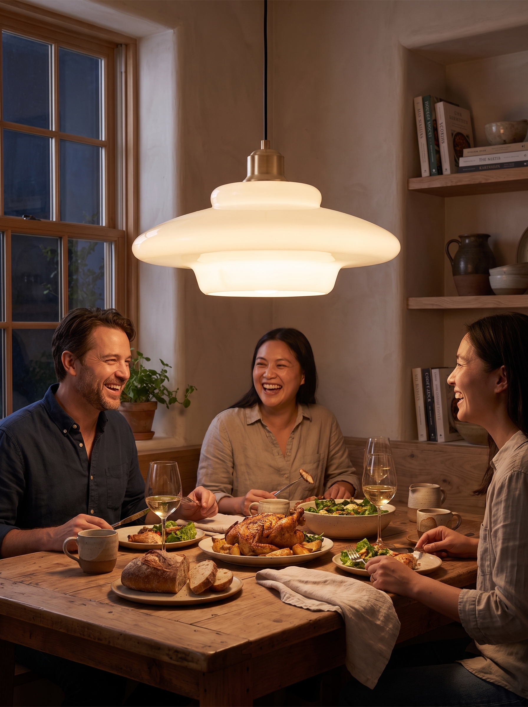 White Glass Pendant Light Glowing Over Dinner