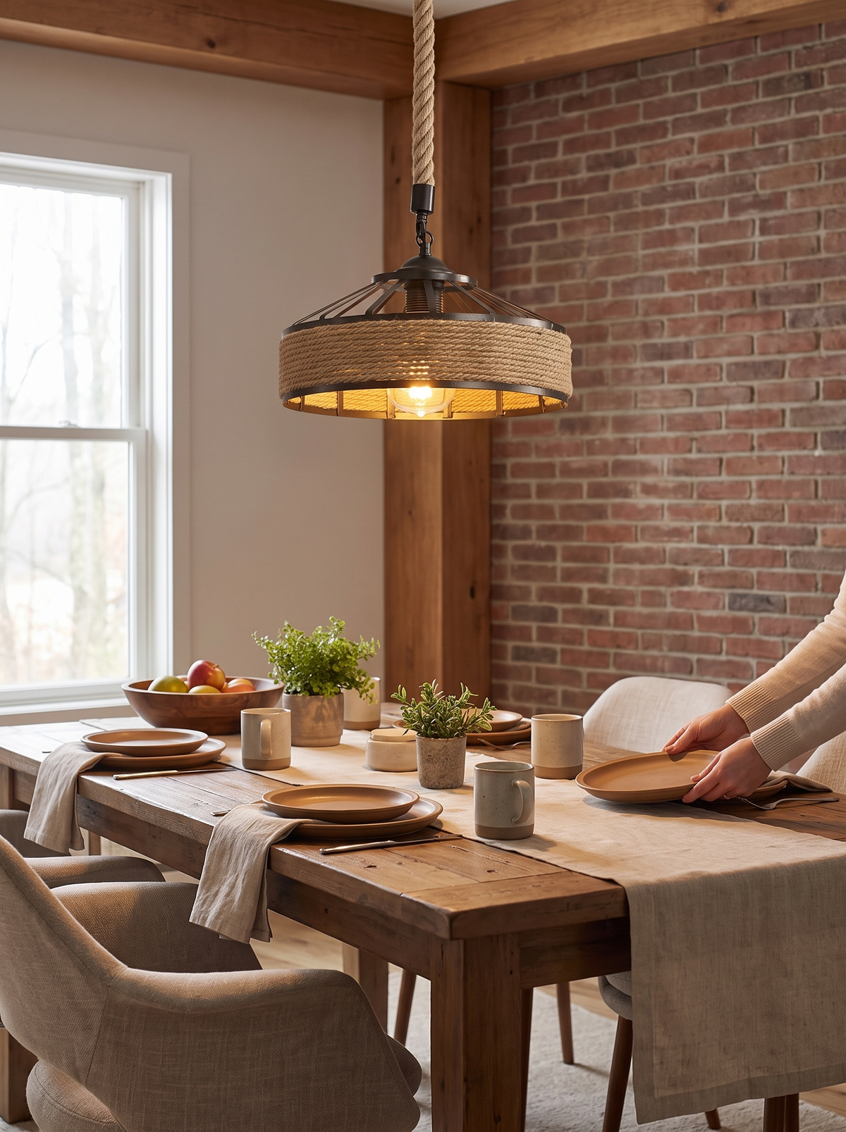 Rustic Hemp Rope Pendant Light in a warm Scandinavian inspired home, Rustic Warmth Above the Table