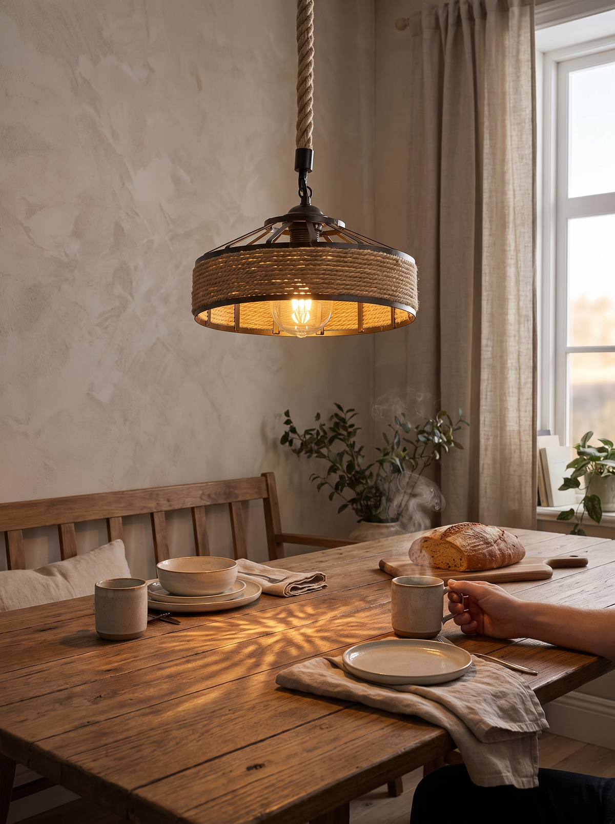 Rustic Hemp Rope Pendant Light in a warm Scandinavian inspired home, Light That Draws Patterns