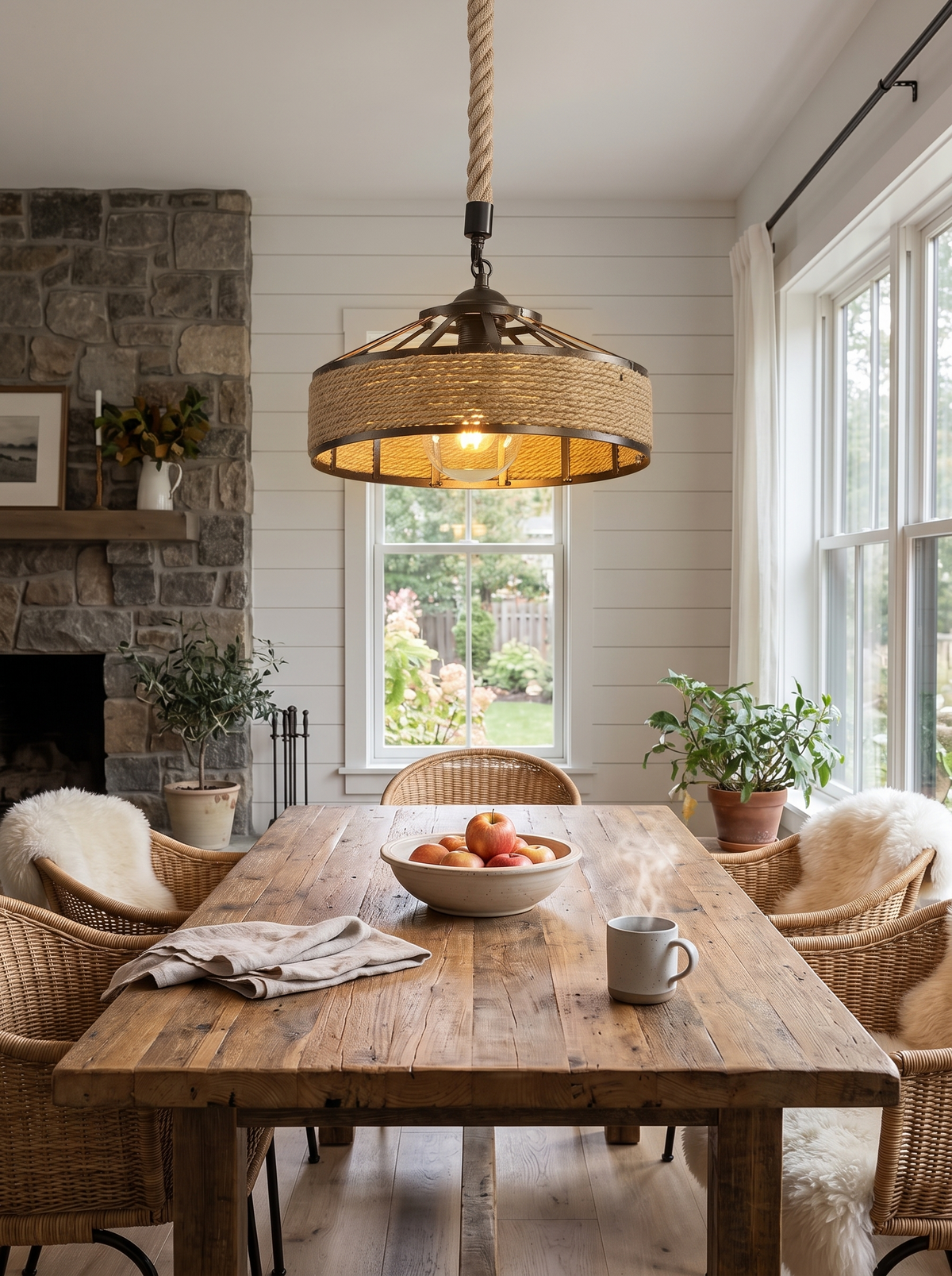 Rustic Hemp Rope Pendant Light in a warm Scandinavian inspired home, Farmhouse Charm, Modern Ease