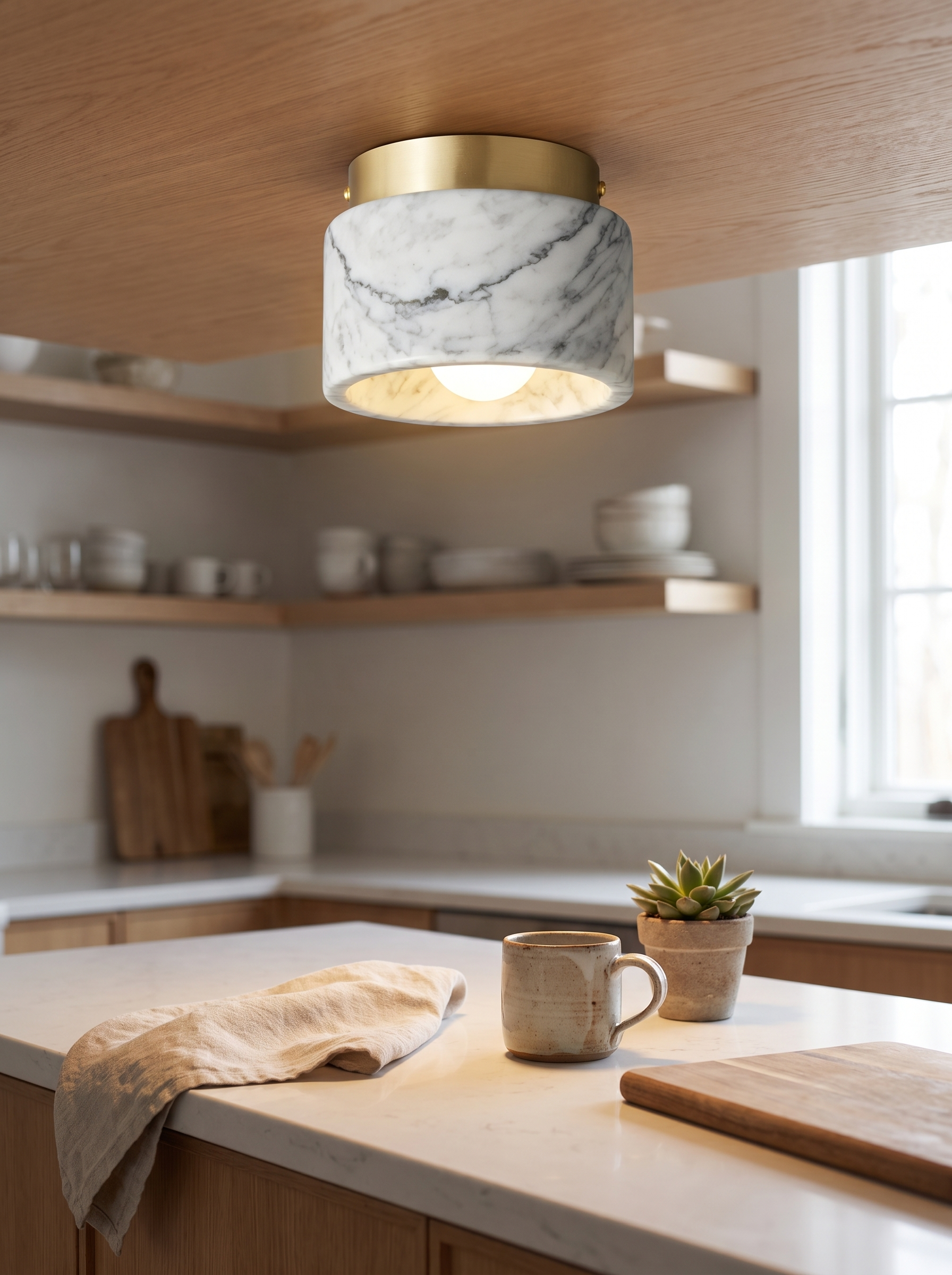 Nordic Marble Ceiling Downlight in a warm Scandinavian inspired home, Natural Stone, Soft Glow
