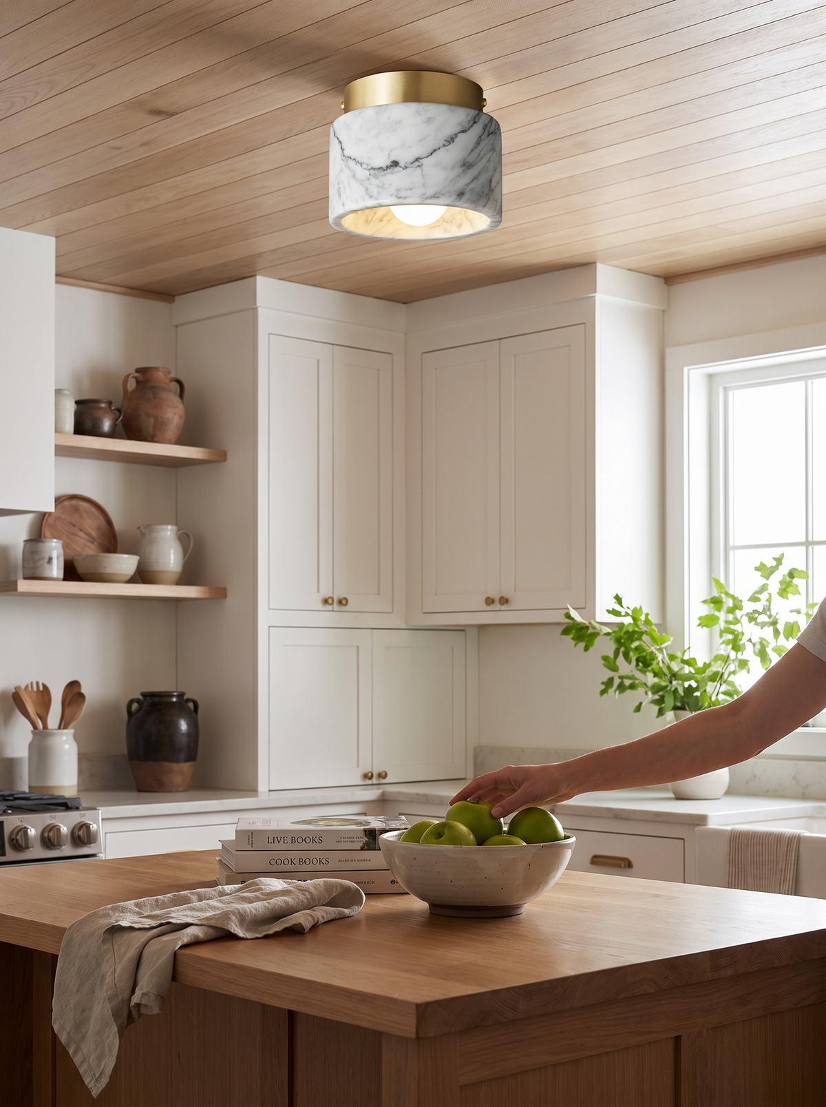 Nordic Marble Ceiling Downlight in a warm Scandinavian inspired home, Crisp White or Deep Green