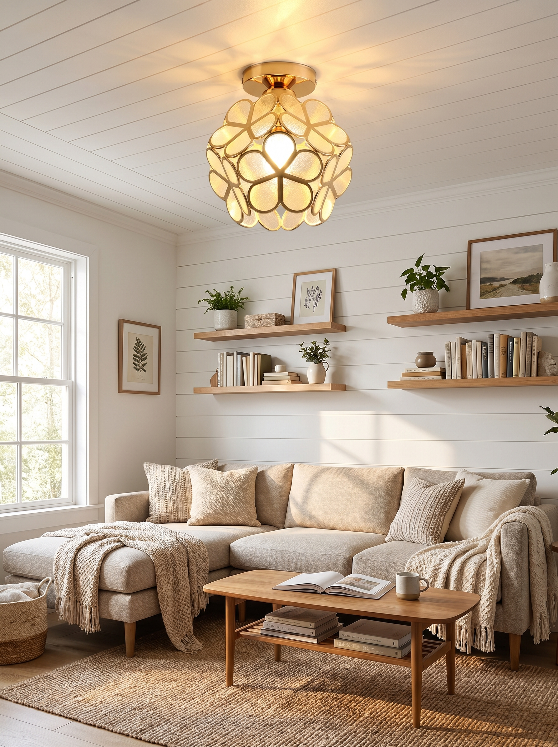 Retro Petal Flush Mount Ceiling Light in a warm Scandinavian inspired home, Choose Your Color and Glow