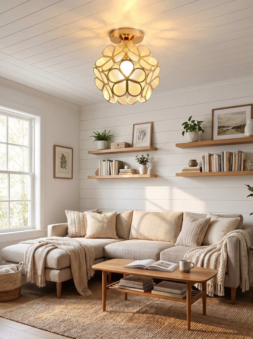 Retro Petal Flush Mount Ceiling Light in a warm Scandinavian inspired home, Choose Your Color and Glow
