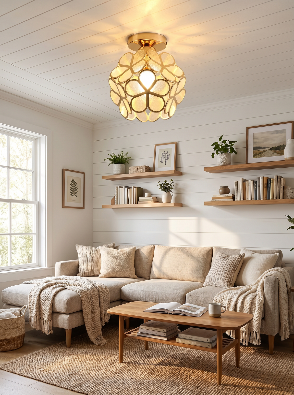 Retro Petal Flush Mount Ceiling Light in a warm Scandinavian inspired home, Choose Your Color and Glow