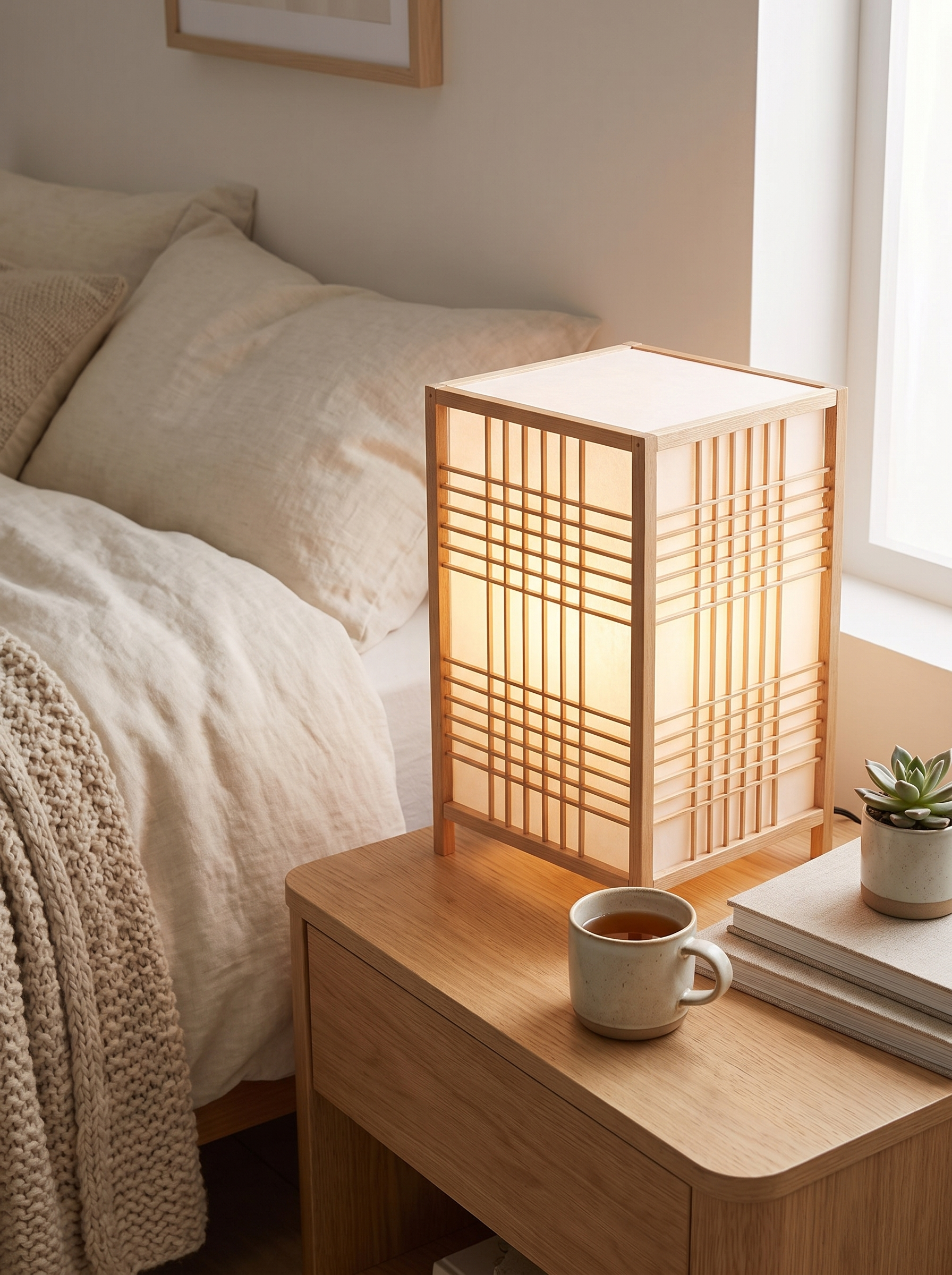 Woven Bamboo Bedside Lamp in a warm Scandinavian inspired home, Natural Texture, Timeless Style
