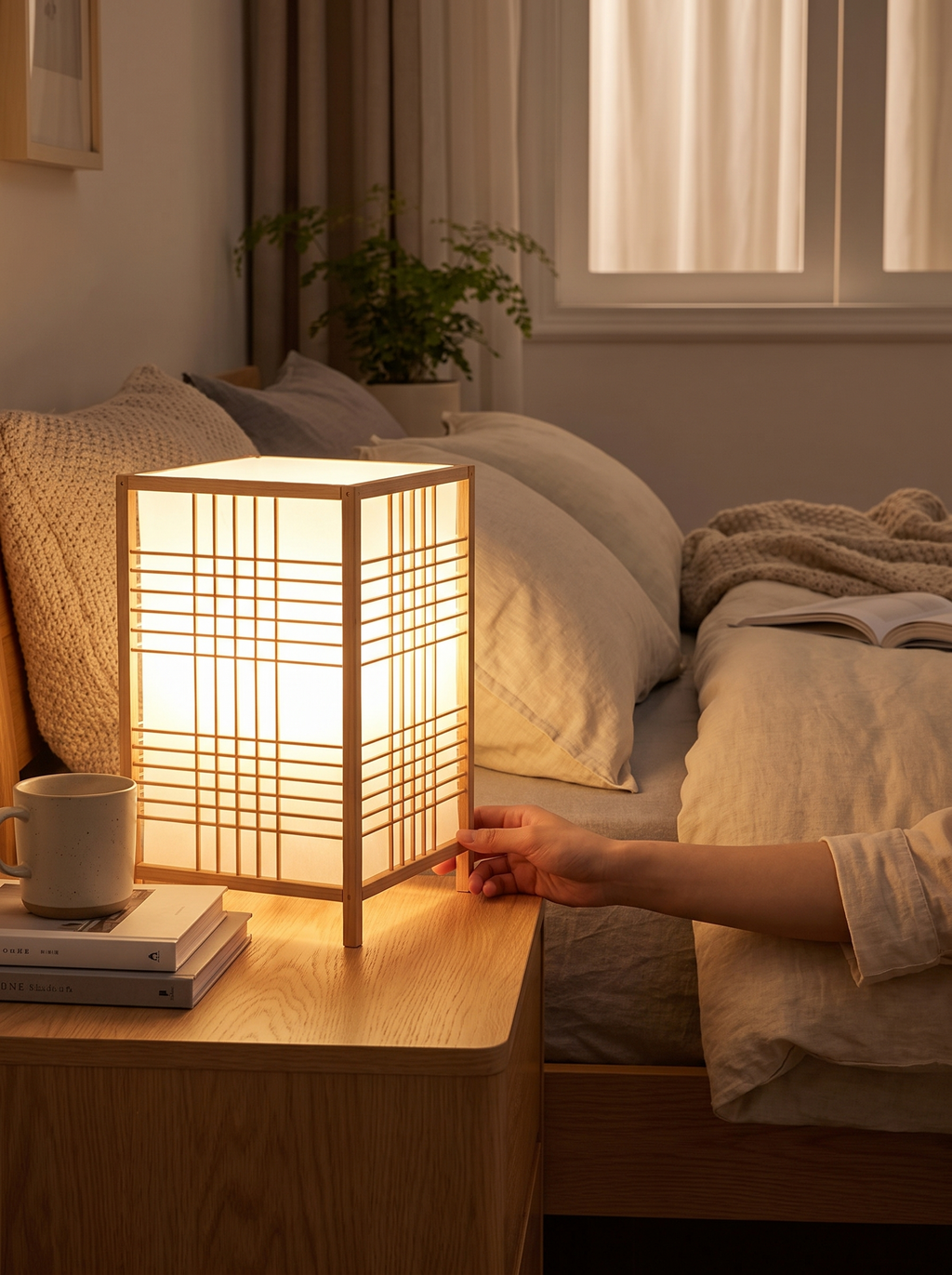 Woven Bamboo Bedside Lamp in a warm Scandinavian inspired home, A Lantern of Calm
