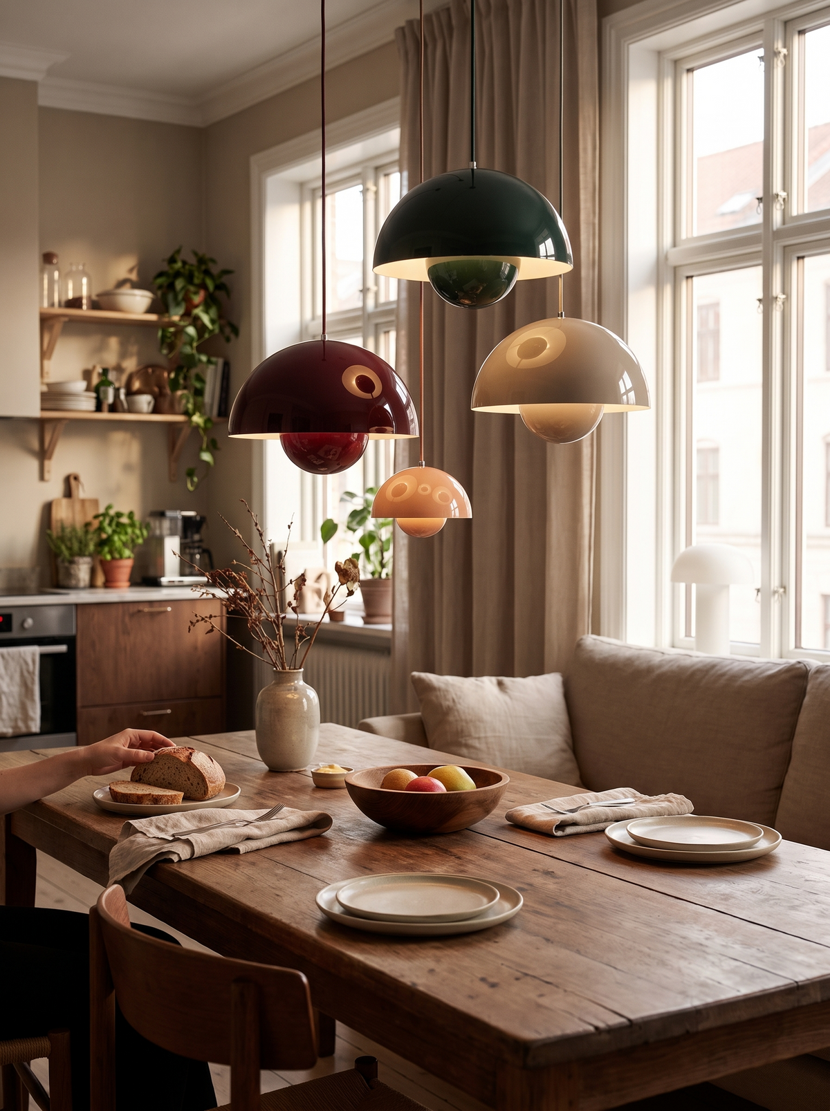 Flora Bud Pendant Light in a warm Scandinavian inspired home, Soft Curves Over the Table