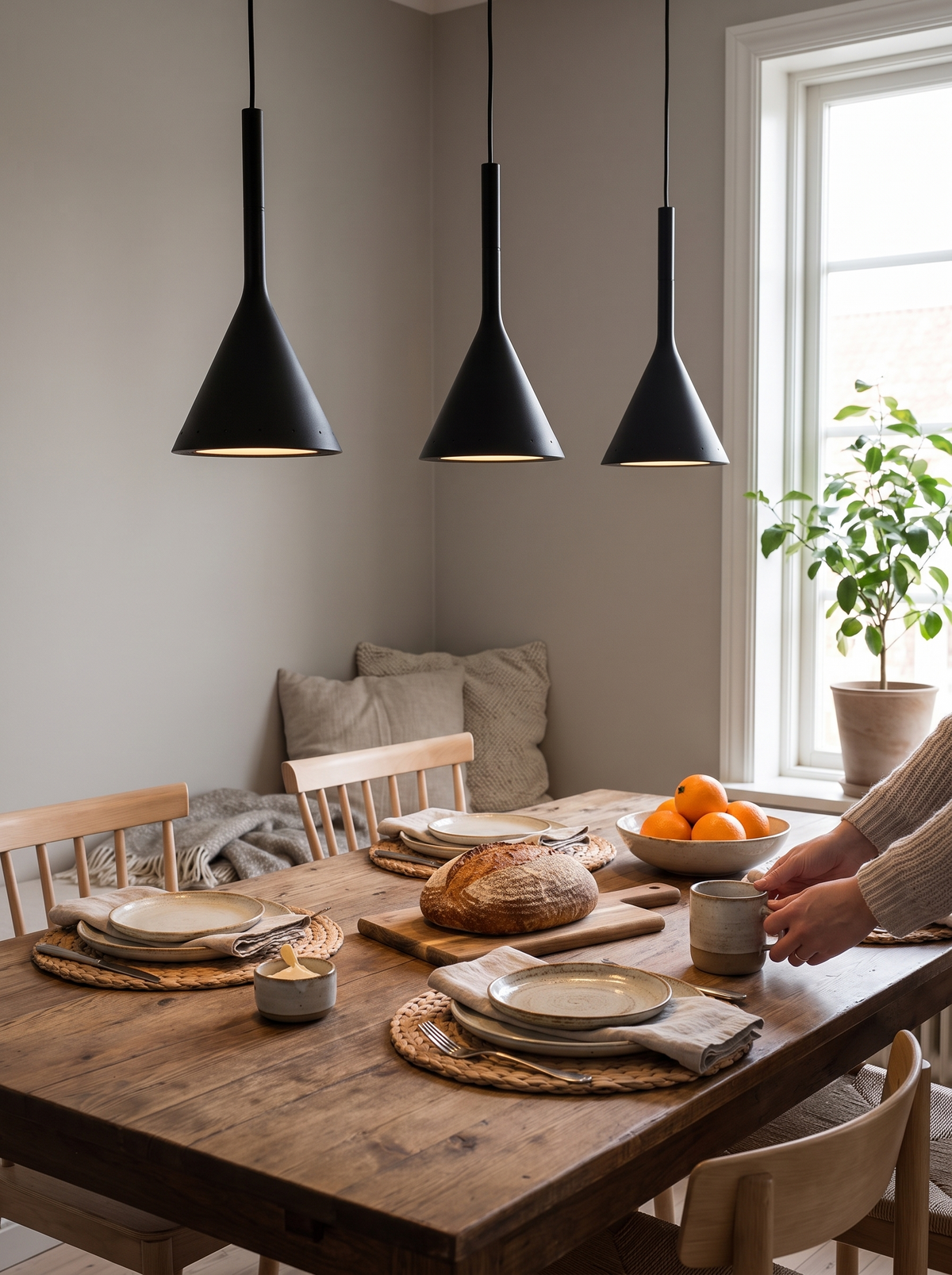 Teardrop Metal and Wood Pendant Light in a warm Scandinavian inspired home, Colors to Match Your Mood