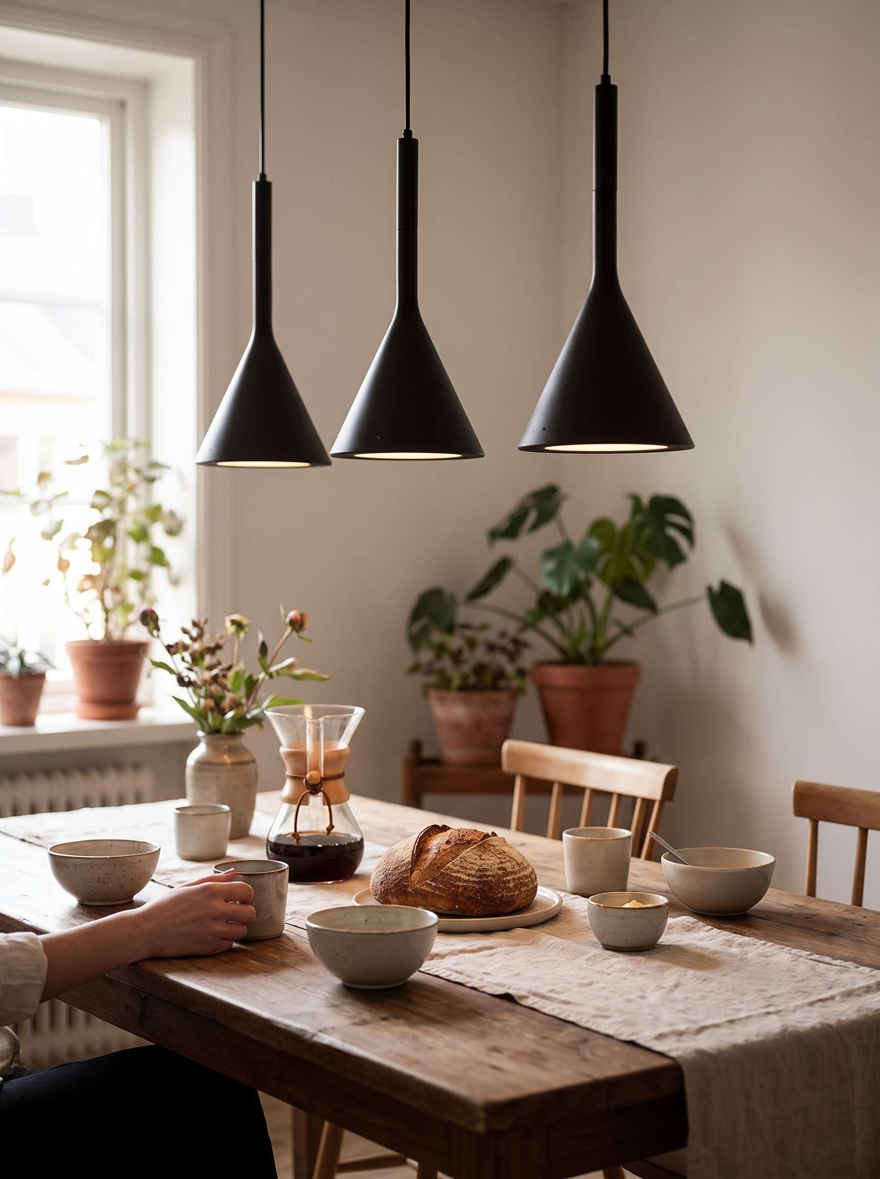 Teardrop Metal and Wood Pendant Light in a warm Scandinavian inspired home, Simple Lines, Soft Focus