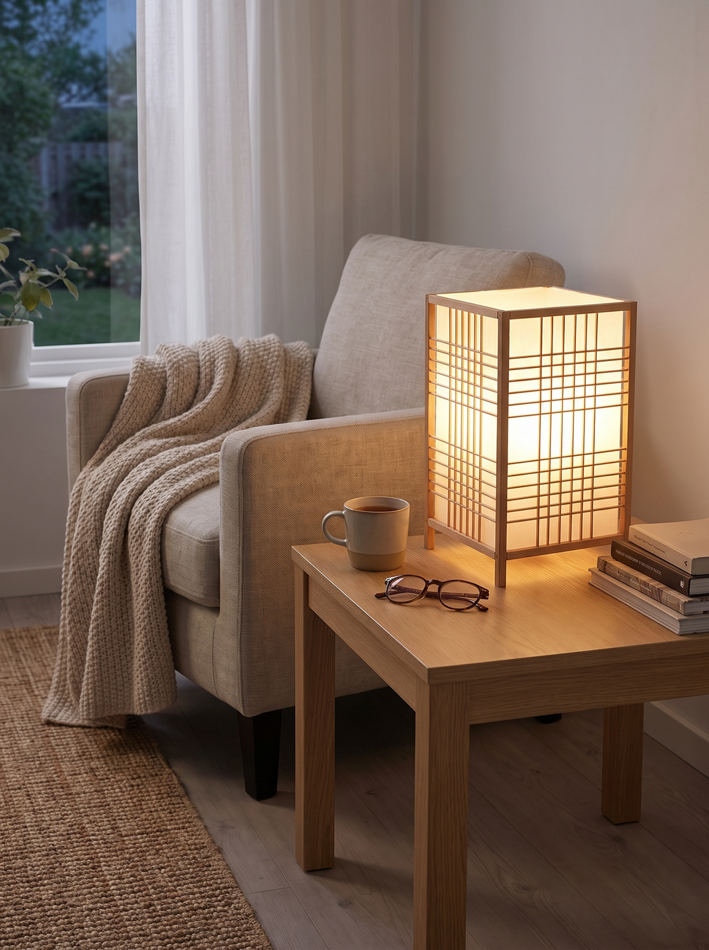 Woven Bamboo Bedside Lamp in a warm Scandinavian inspired home, Made for Quiet Rituals