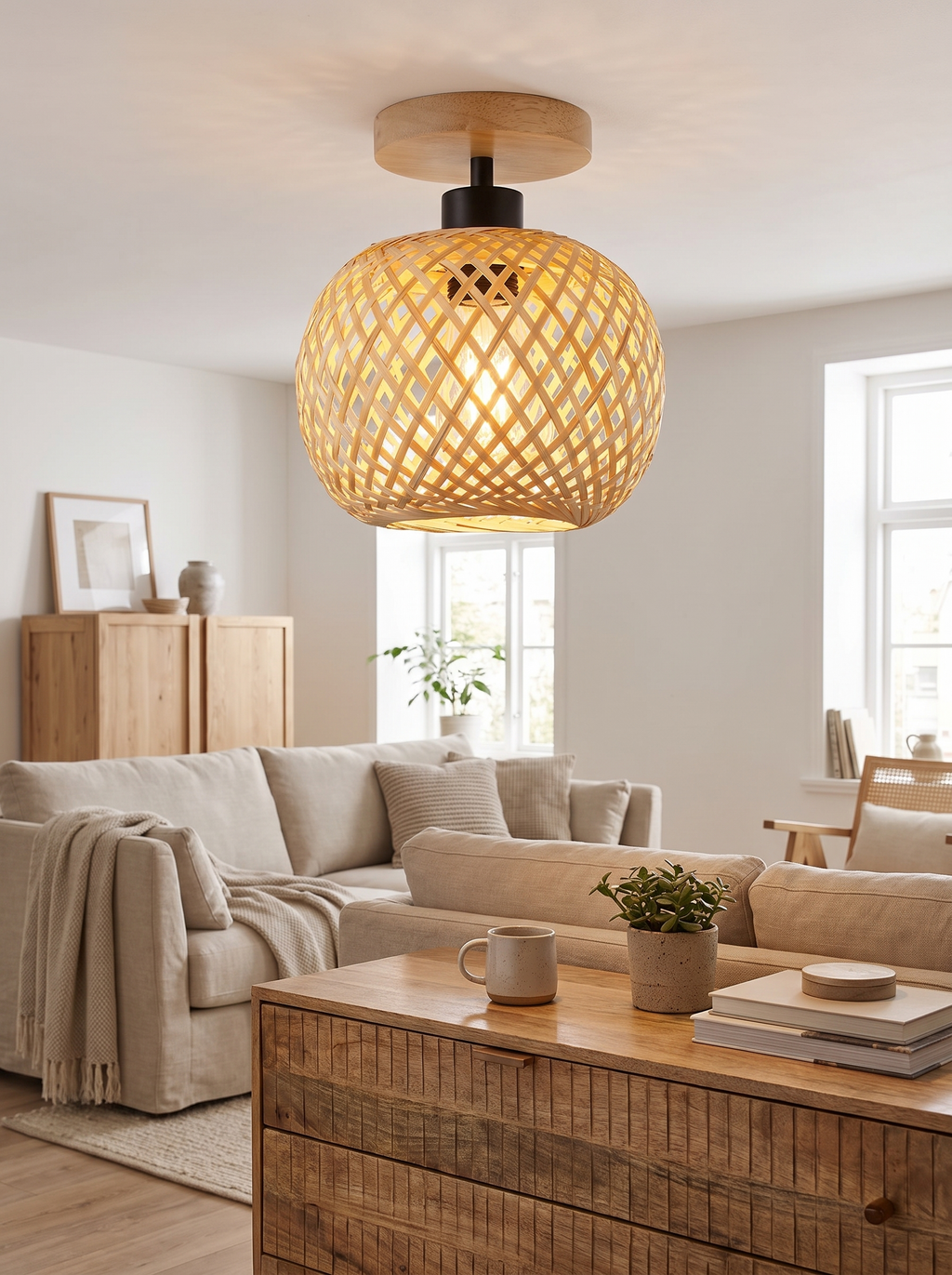 Natura Woven Bamboo Ceiling Light in a warm Scandinavian inspired home, Boho Warmth, Clean Lines