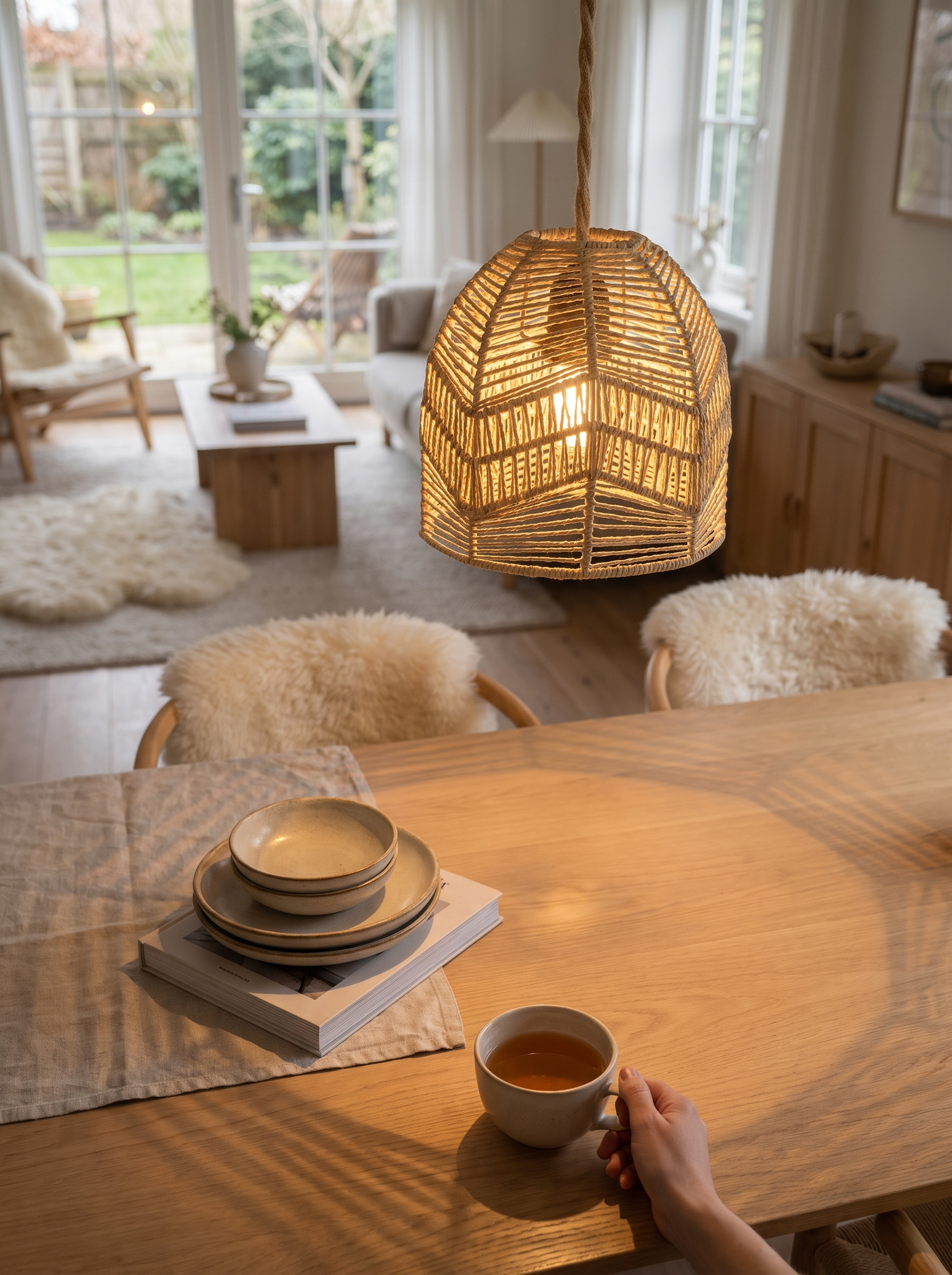 Handwoven Paper Rope Pendant Shade in a warm Scandinavian inspired home, Woven Light, Gentle Shadows
