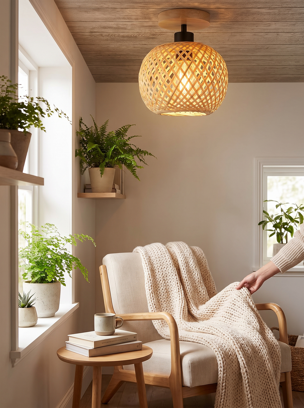 Natura Woven Bamboo Ceiling Light in a warm Scandinavian inspired home, Nature on Your Ceiling