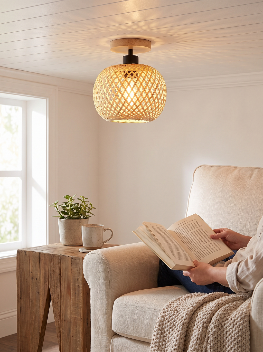Natura Woven Bamboo Ceiling Light in a warm Scandinavian inspired home, Calm Light for Every Corner