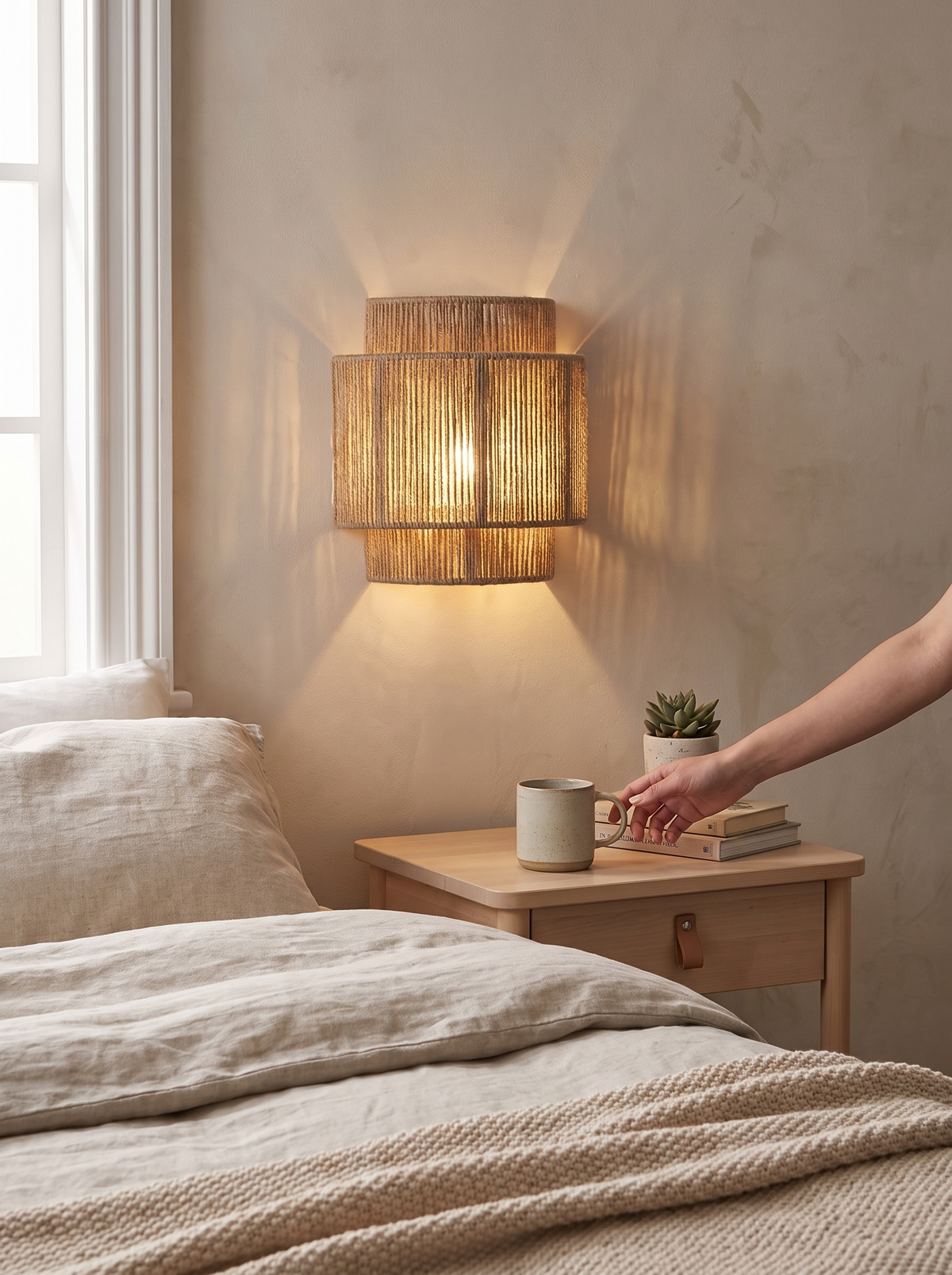 RattanGlow Woven Wall Sconce in a warm Scandinavian inspired home, Bedside Light, Beautifully Done