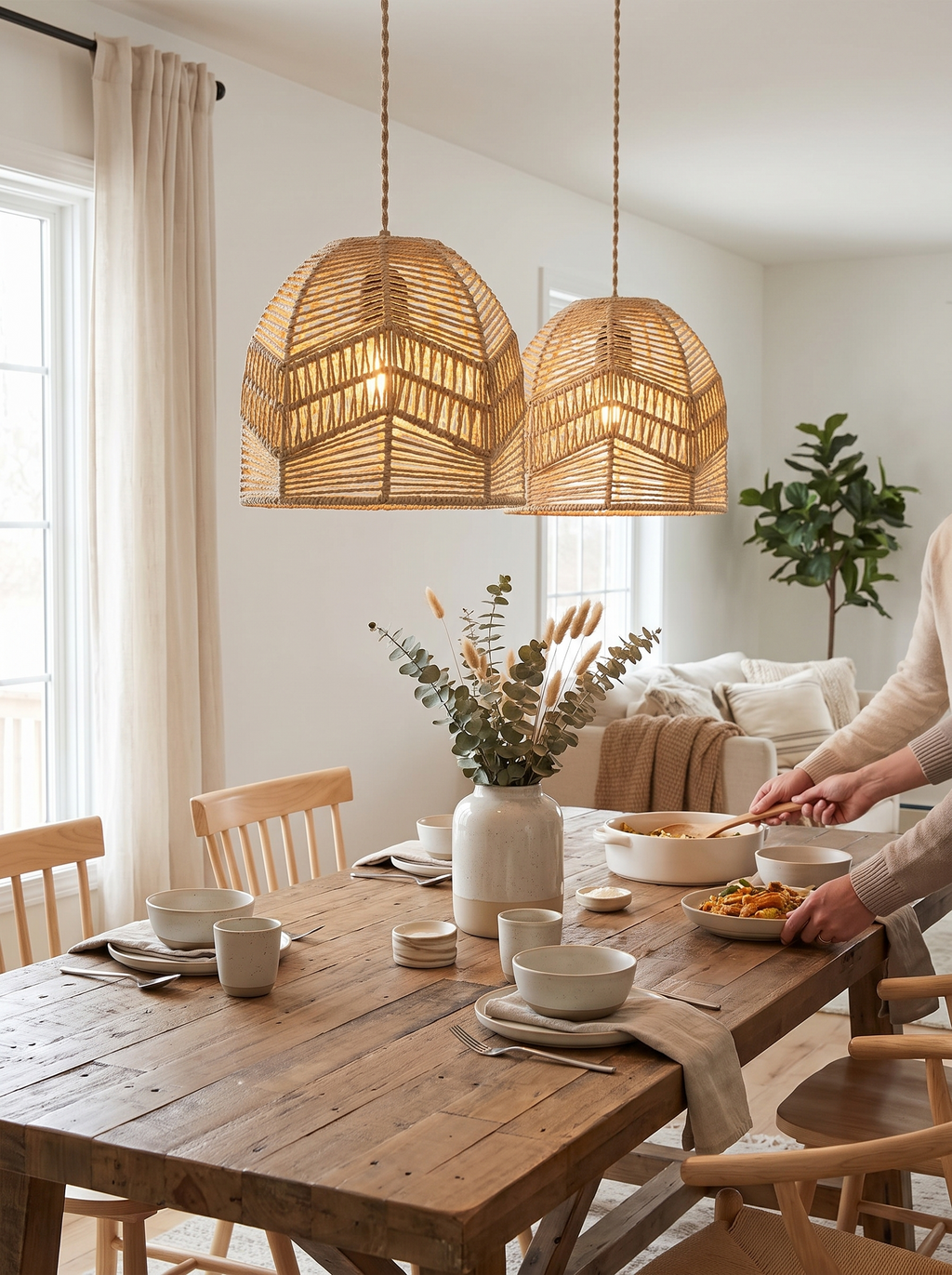 Handwoven Paper Rope Pendant Shade in a warm Scandinavian inspired home, Pairs Beautifully in Twos