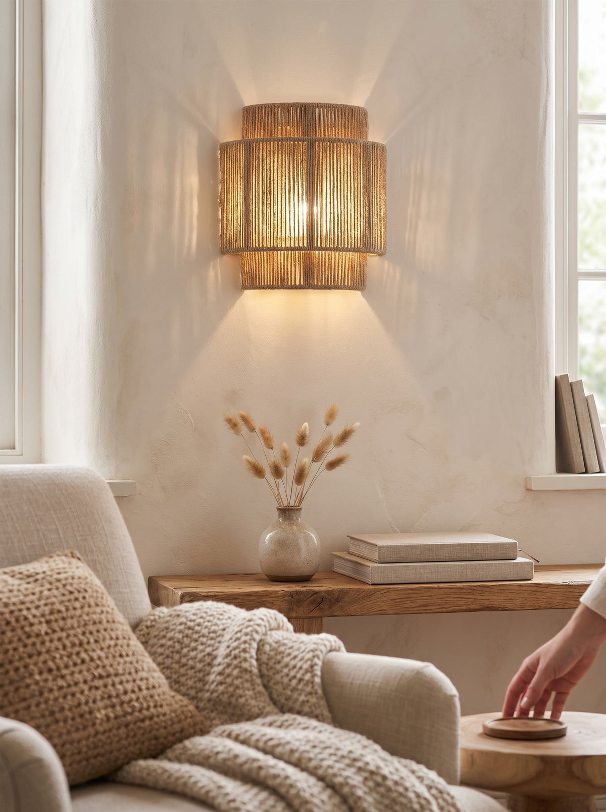 RattanGlow Woven Wall Sconce in a warm Scandinavian inspired home, A Soft Glow on the Wall
