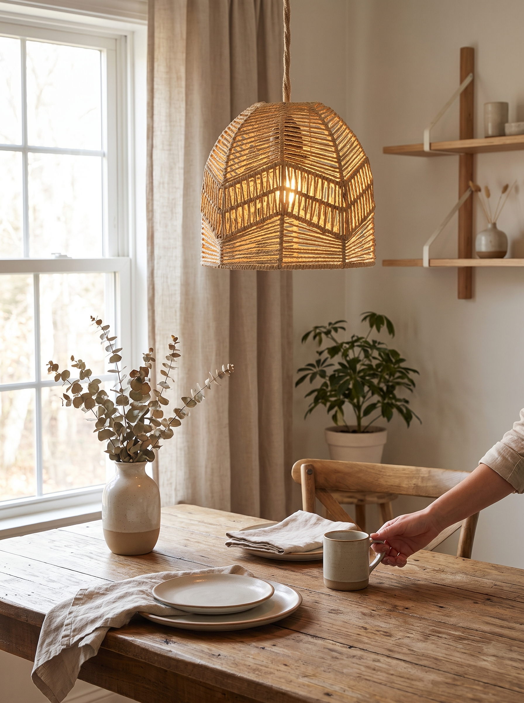 Handwoven Paper Rope Pendant Shade in a warm Scandinavian inspired home, Natural Style, Easy Update