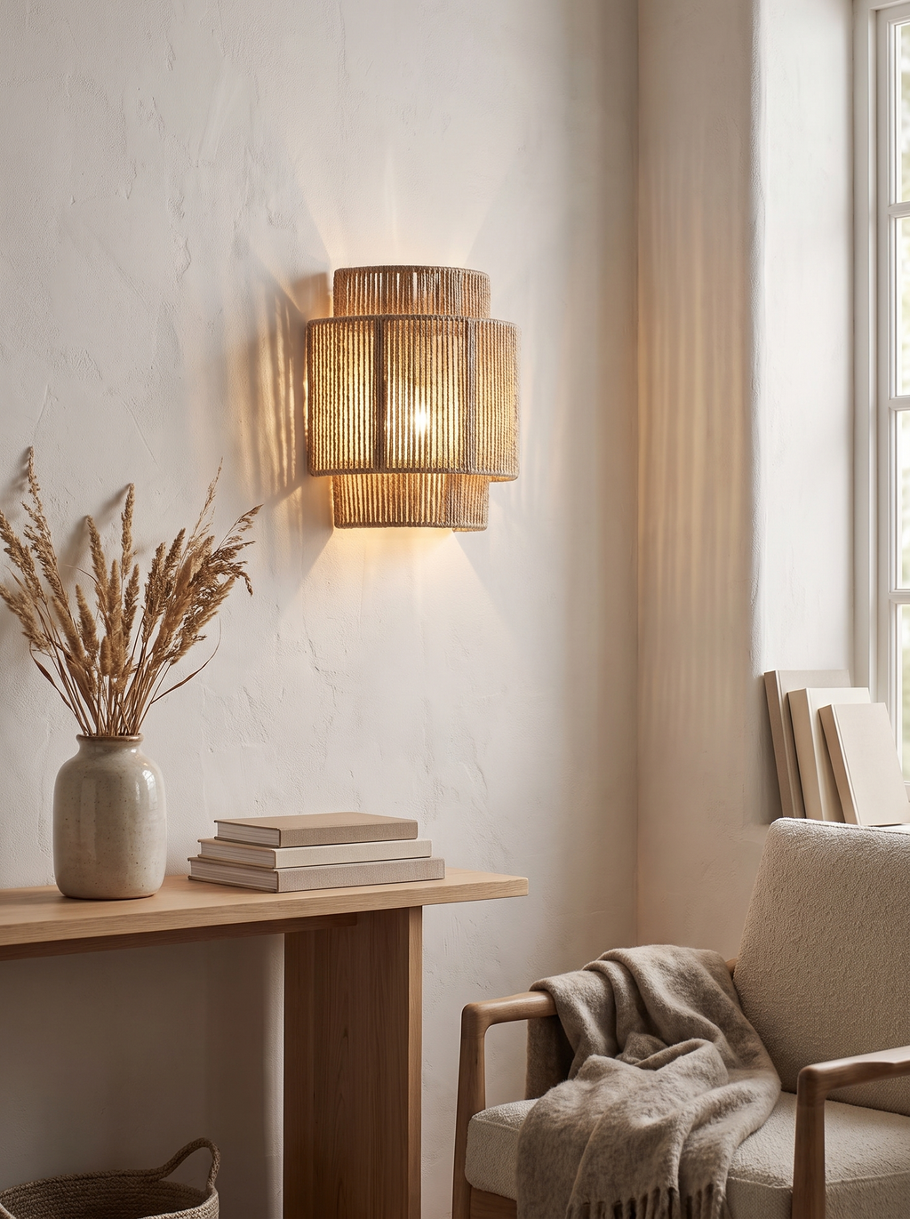RattanGlow Woven Wall Sconce in a warm Scandinavian inspired home, Organic Texture, Modern Shape