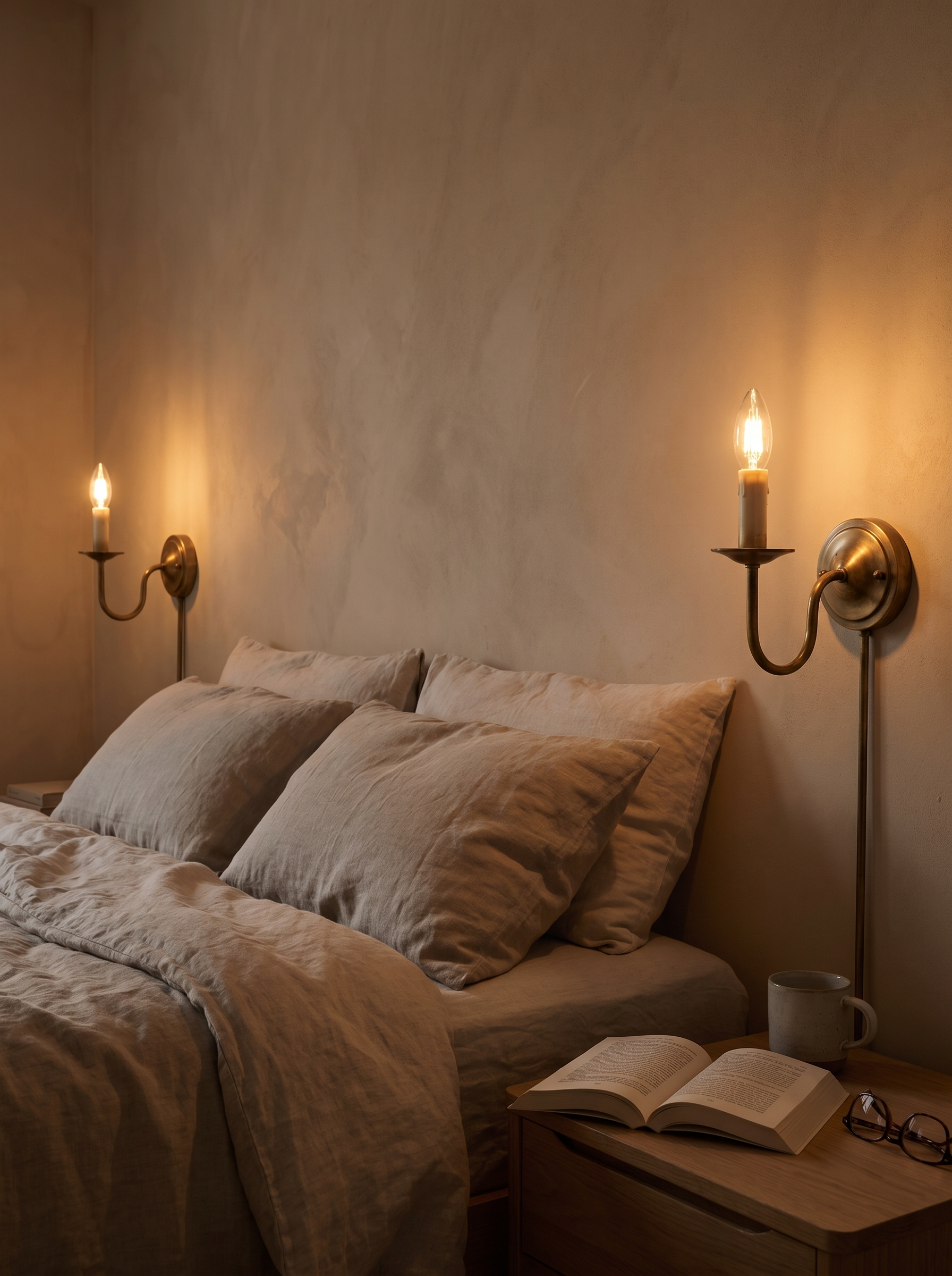 E14 candle bulbs in bedside wall sconces