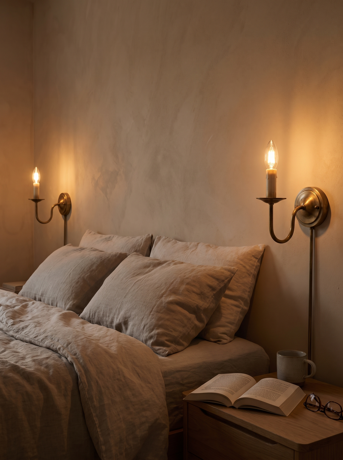 E14 candle bulbs in bedside wall sconces