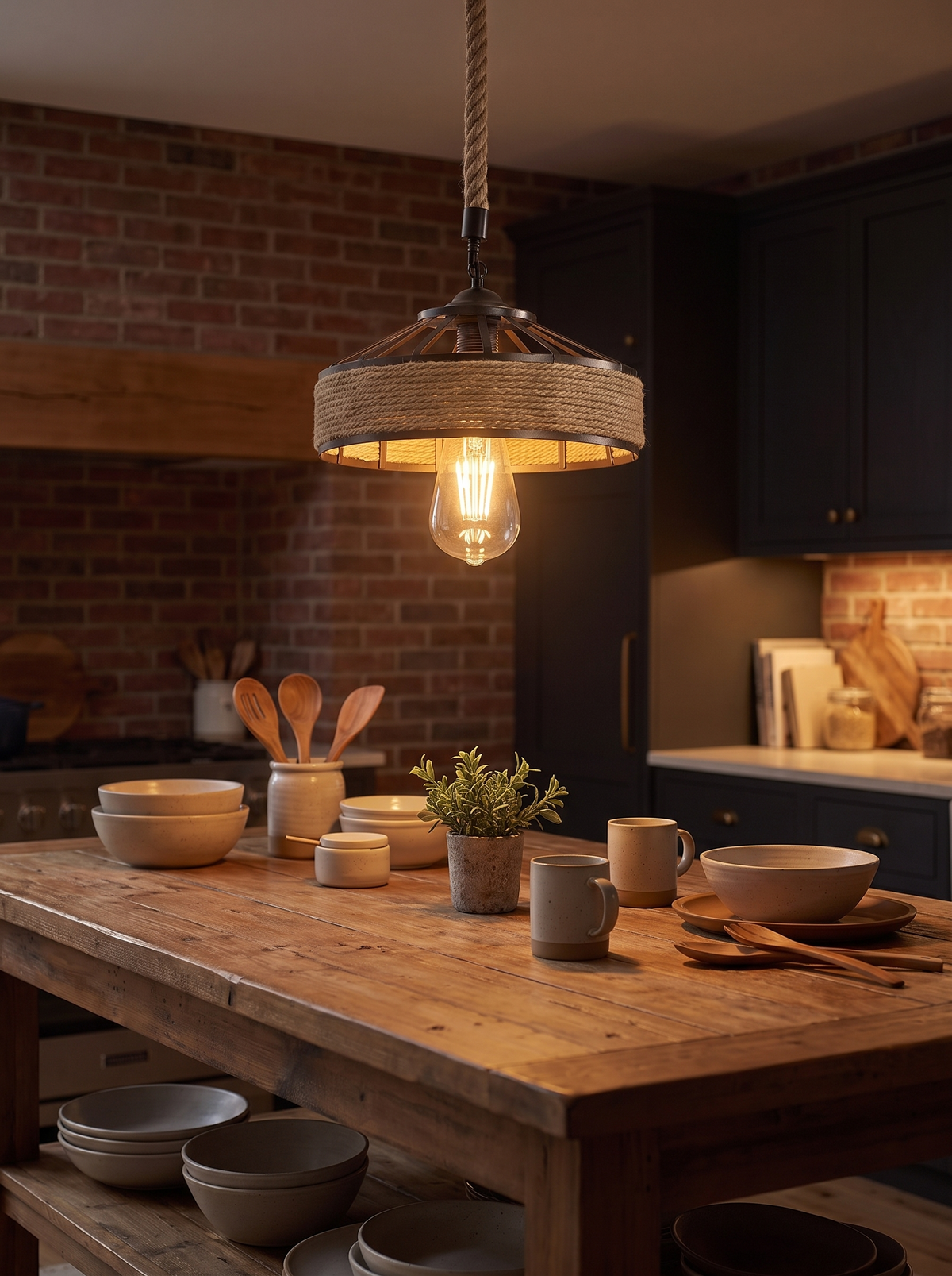 E26 filament bulb in a hemp rope pendant over a kitchen island