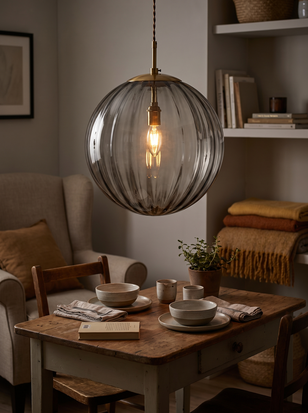 E14 filament bulb in a glass globe pendant