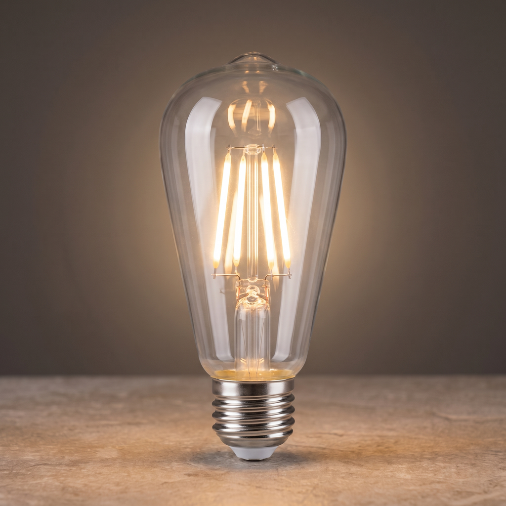 E26 LED filament bulb glowing warm white