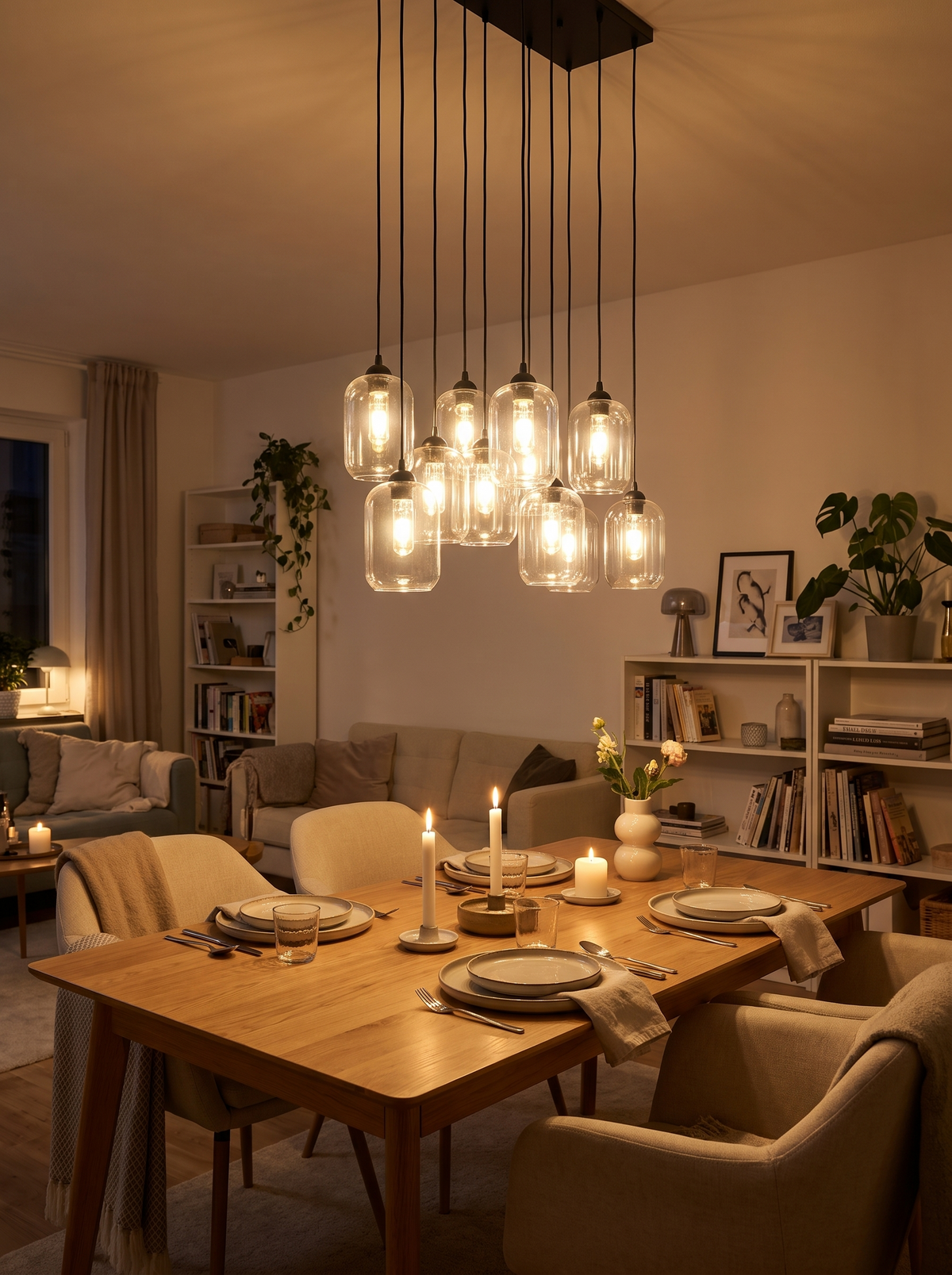 G9 LED bulbs in a multi light glass pendant