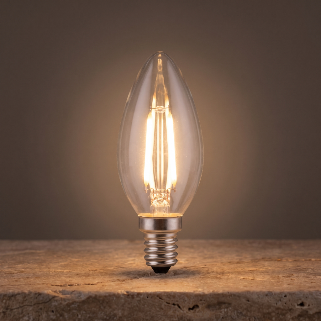 E14 LED candle filament bulb glowing warm white